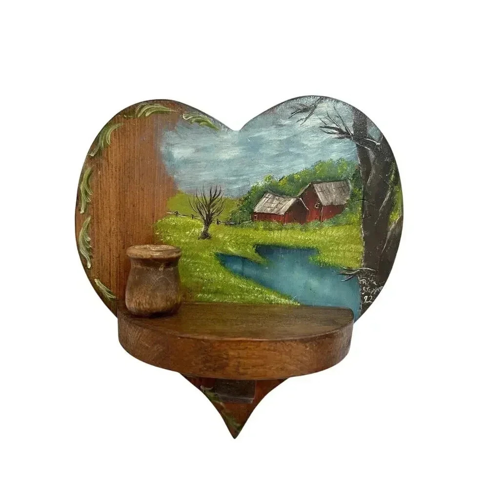 Hand Painted Red Barn On Wood Heart And Candle Holder Wall Decor Rustic Country